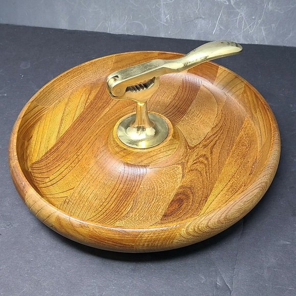 Vintage MCM Wooden Walnut Bowl Brass Nutcracker Mid Century Modern Decor - Picture 3 of 8